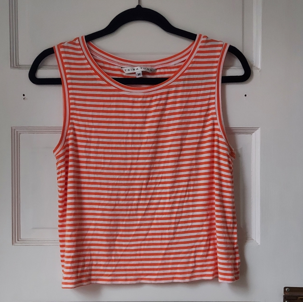 EUC szM Trina Turk Coral/Orange And White Striped Cropped Tank Top Shell
